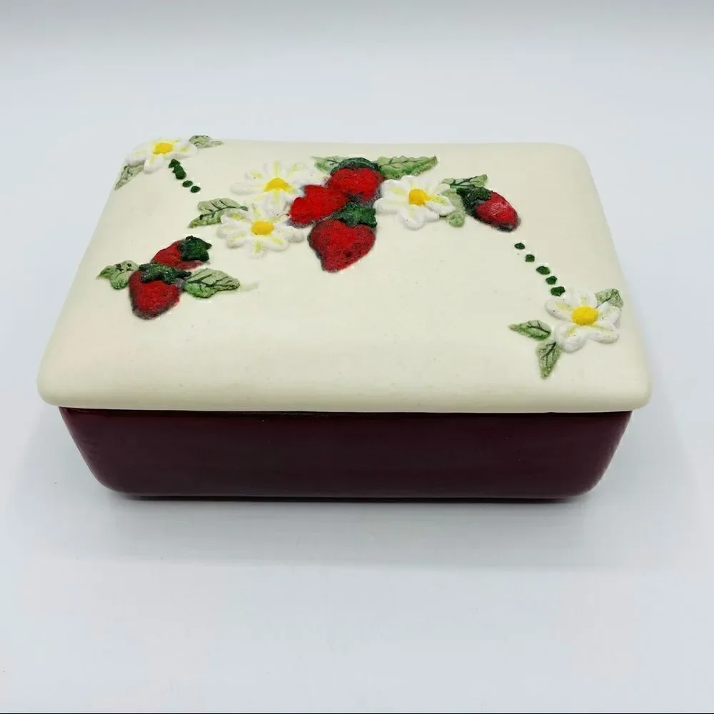 Vintage Handmade Ceramic Strawberry Trinket Box